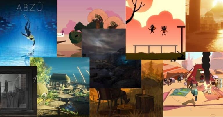 A collage of various video game scenes, featuring underwater diving, forests, cityscapes, animated characters, stormy landscapes, and buildings, each with distinct art styles.