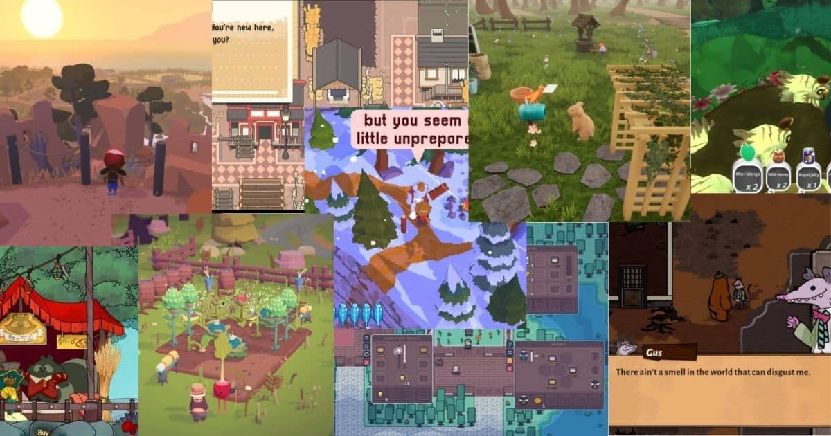 A collage of various indie farming and life simulation game scenes, including characters, crops, animals, dialogue boxes, and diverse colorful environments.