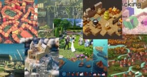 A collage of various colorful simulation and building video game screenshots featuring landscapes, buildings, characters, and different environments.