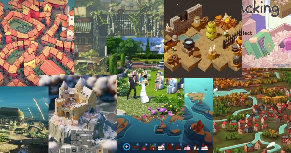 A collage of various colorful simulation and building video game screenshots featuring landscapes, buildings, characters, and different environments.