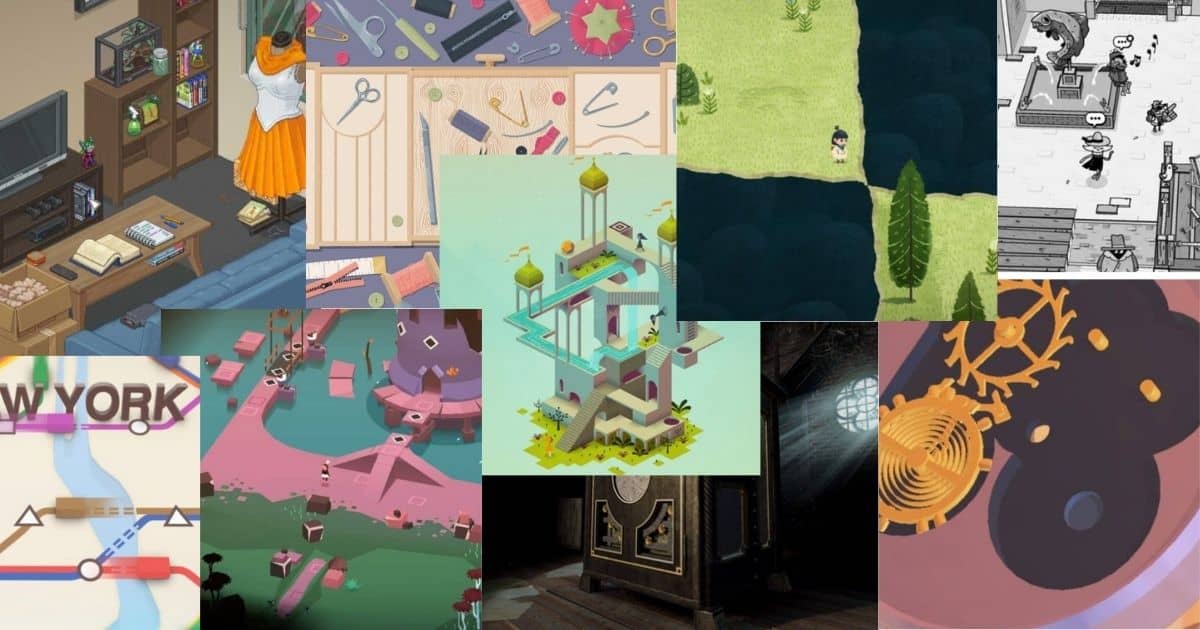 A collage of various puzzle game screenshots, featuring different art styles, game interfaces, and puzzle elements, including tools, maps, and mechanical structures.