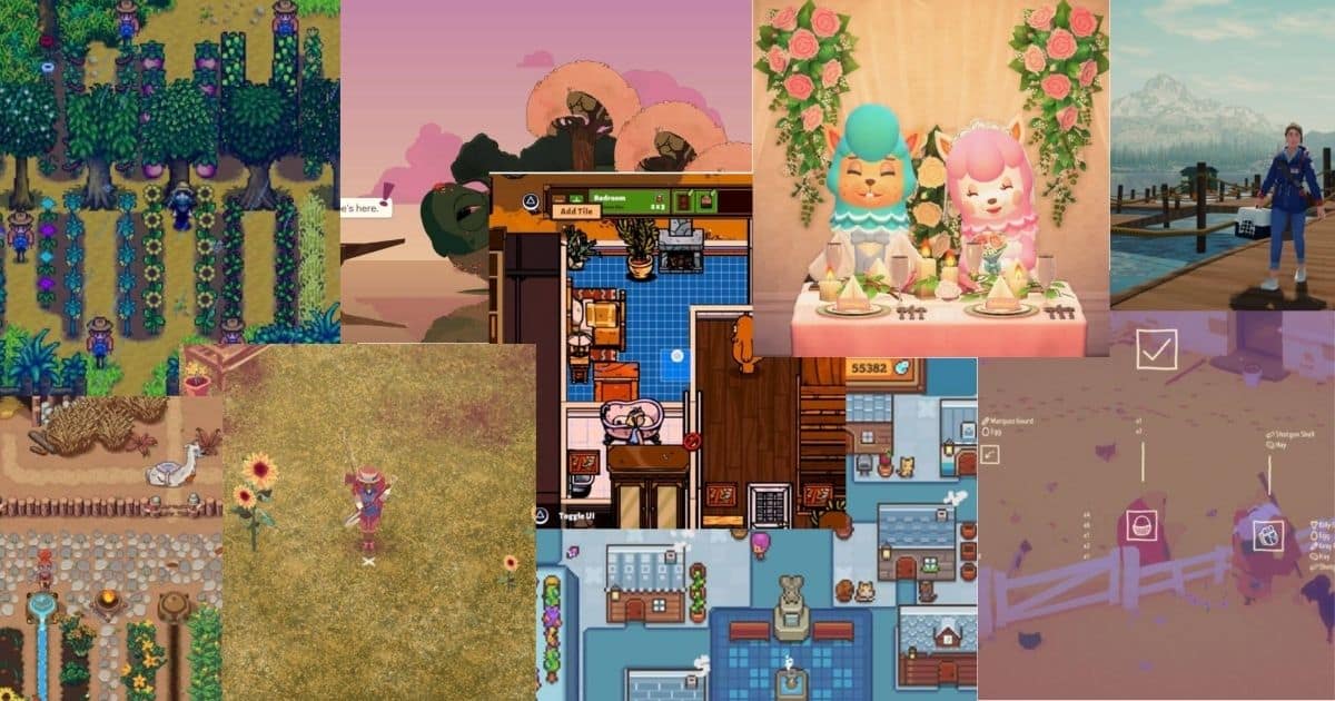A collage of various cozy game scenes, including farming, fishing, interior decorating, and character interactions in colorful, pixelated, and cartoon art styles.