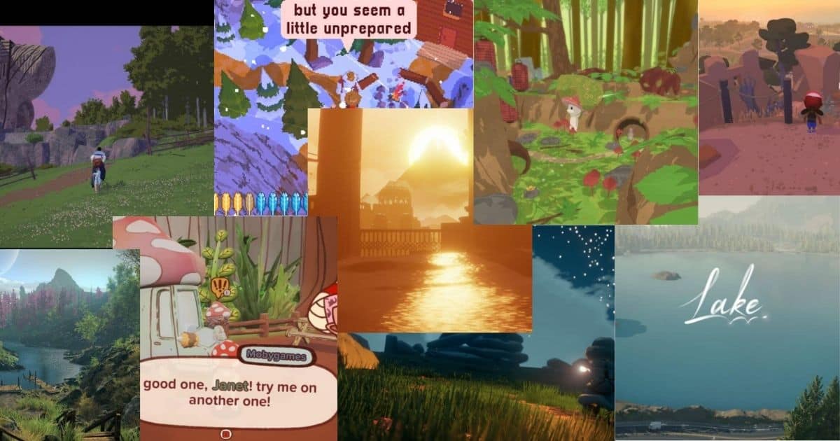 A collage of various serene video game scenes, including landscapes, forests, lakes, and in-game text, with the word "Lake" visible in the bottom right.