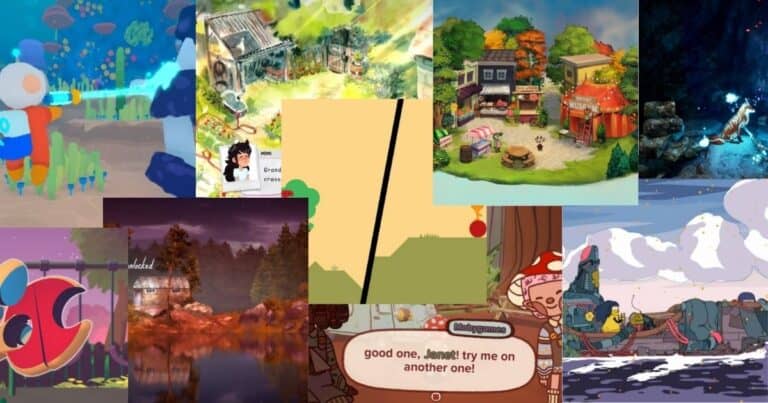 A collage of colorful video game scenes, including characters, buildings, forests, underwater exploration, and dialogue boxes, arranged in overlapping squares.