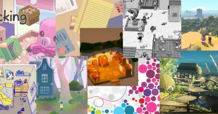 A collage of various video game screenshots, featuring colorful environments, characters, and artistic styles, including interiors, exteriors, and abstract patterns.