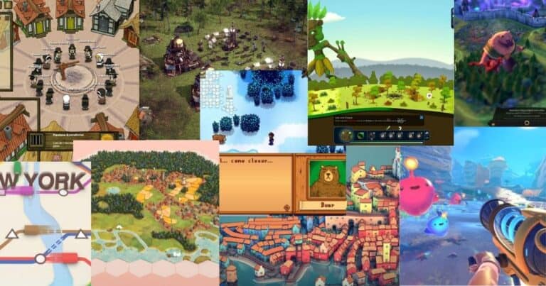 A collage of various video game screenshots, each displaying colorful landscapes, maps, menus, and animated characters in different art styles.