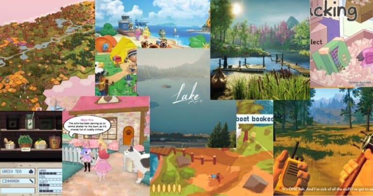 A collage of various cozy video game scenes, featuring colorful landscapes, lakes, forests, cartoon characters, and in-game interfaces, with "Lake" written in the center.