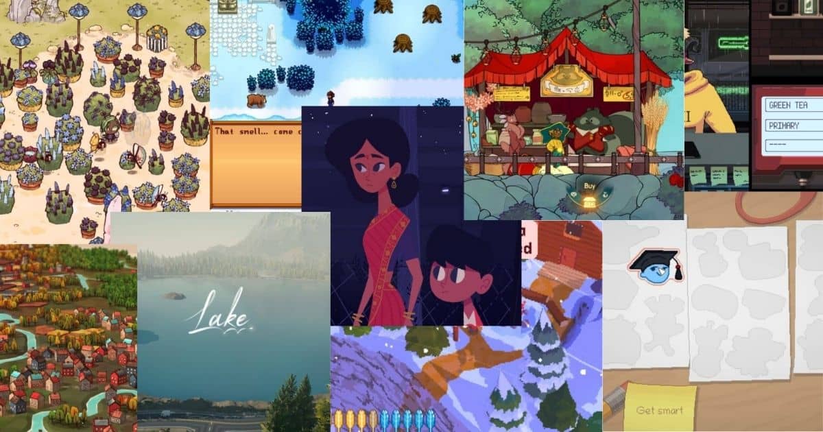 A collage of various indie video game screenshots featuring different art styles, characters, landscapes, and in-game interfaces.