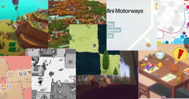 A collage of screenshots from various video games, each featuring different art styles, environments, and user interfaces.