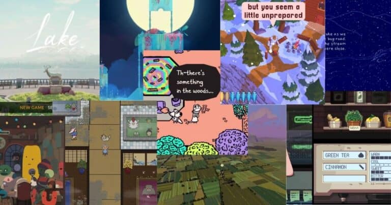 Collage of indie video game screenshots featuring various art styles, environments, characters, dialogue boxes, and game menus.