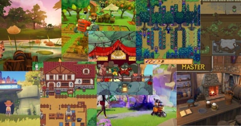 A collage of various farming and life simulation video game scenes, featuring fields, markets, characters, buildings, and inventory interfaces.