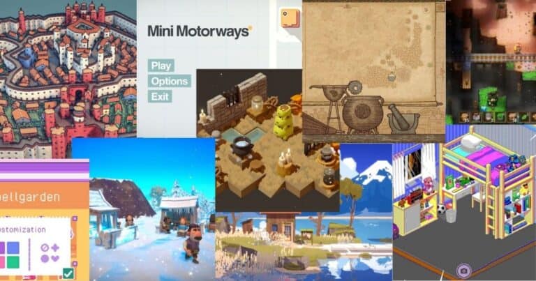 A collage of various cozy and colorful video game screenshots, including cityscapes, snowy scenes, pixel art, and interface menus.