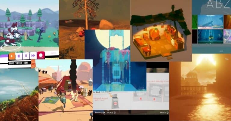 A collage of various video game scenes featuring different environments, including fantasy landscapes, interior rooms, and animated characters.