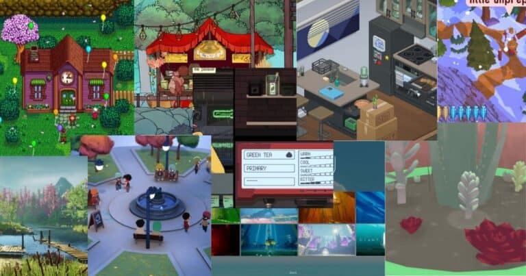 A collage of various cozy video game scenes, featuring homes, cafes, nature, water, plants, and animated characters in colorful, stylized environments.
