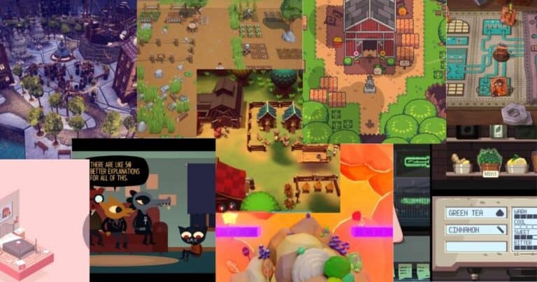A collage of various video games featuring farming, simulation, cozy interiors, animal characters, and recipe menus in pixel art and cartoon styles.