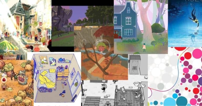 A collage of colorful, illustrated scenes including outdoor landscapes, houses, rooms, abstract patterns, and underwater imagery.