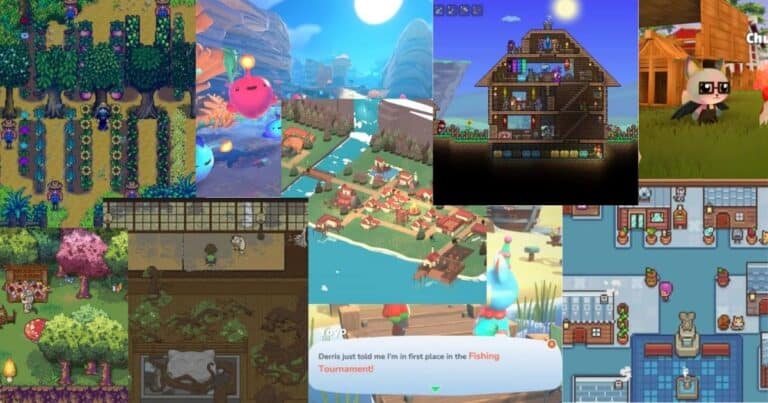 A collage of screenshots from various farming and life simulation video games, showing characters, buildings, crops, animals, and colorful game environments.