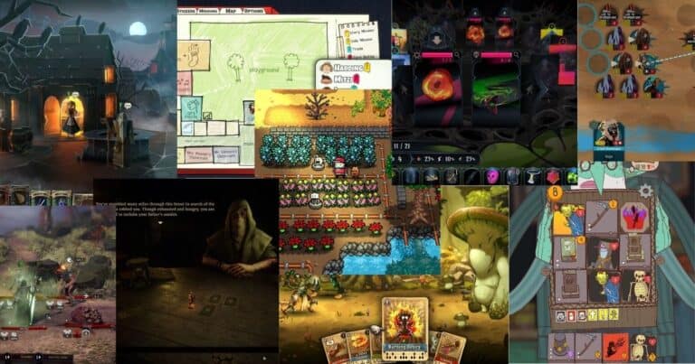 A collage of various digital card game interfaces, including fantasy, farming, and strategy themes, with cards, game boards, and character elements displayed.