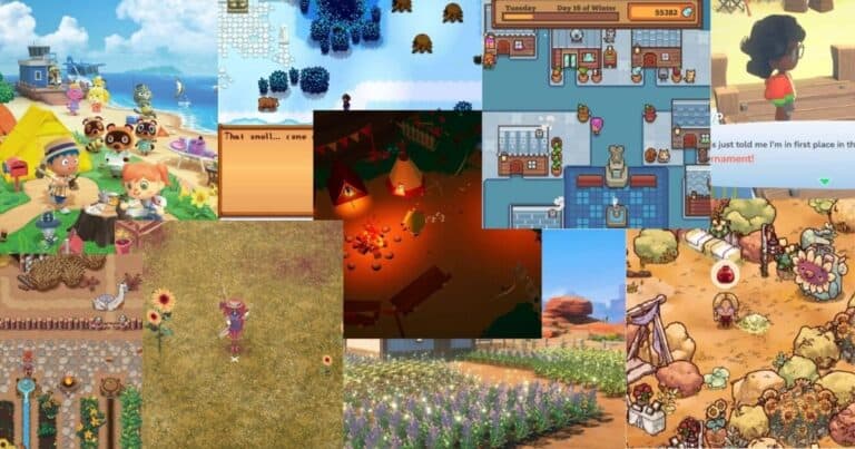 A collage of various farming and life simulation video game scenes, featuring characters, animals, crops, buildings, and colorful outdoor environments.