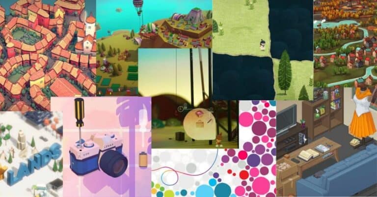 A collage of colorful video game scenes, including cityscapes, landscapes, a camera illustration, abstract circles, and a cozy interior with a dress on a mannequin.