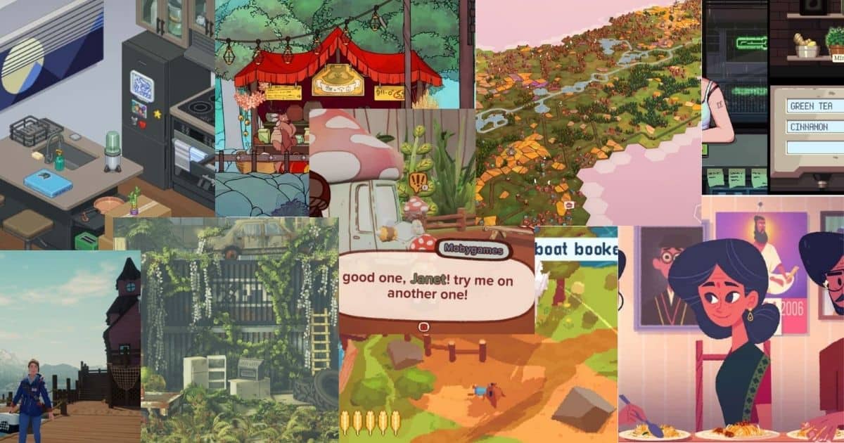 A collage of scenes from various cozy video games, featuring illustrated characters, nature, interior rooms, and game interface elements.