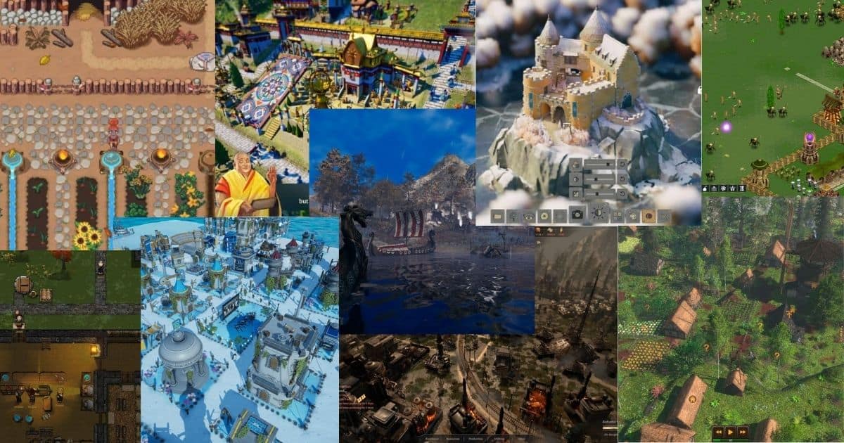 Collage of various city-building game screenshots, each showing distinct architectural styles, landscapes, and settlement layouts from different historical and fantasy themes.