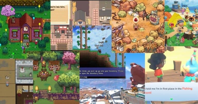 A collage of screenshots from various farming and life simulation video games, featuring characters, houses, gardens, and game menus in colorful, cartoony styles.