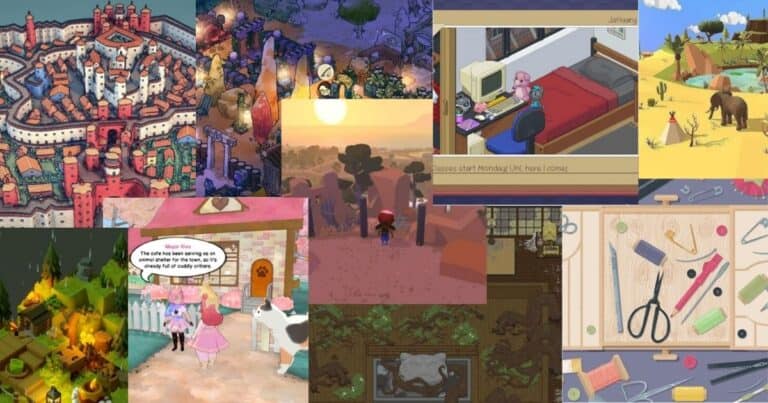 A collage of colorful, illustrated game scenes featuring cityscapes, animals, tools, and characters in interior and outdoor settings.