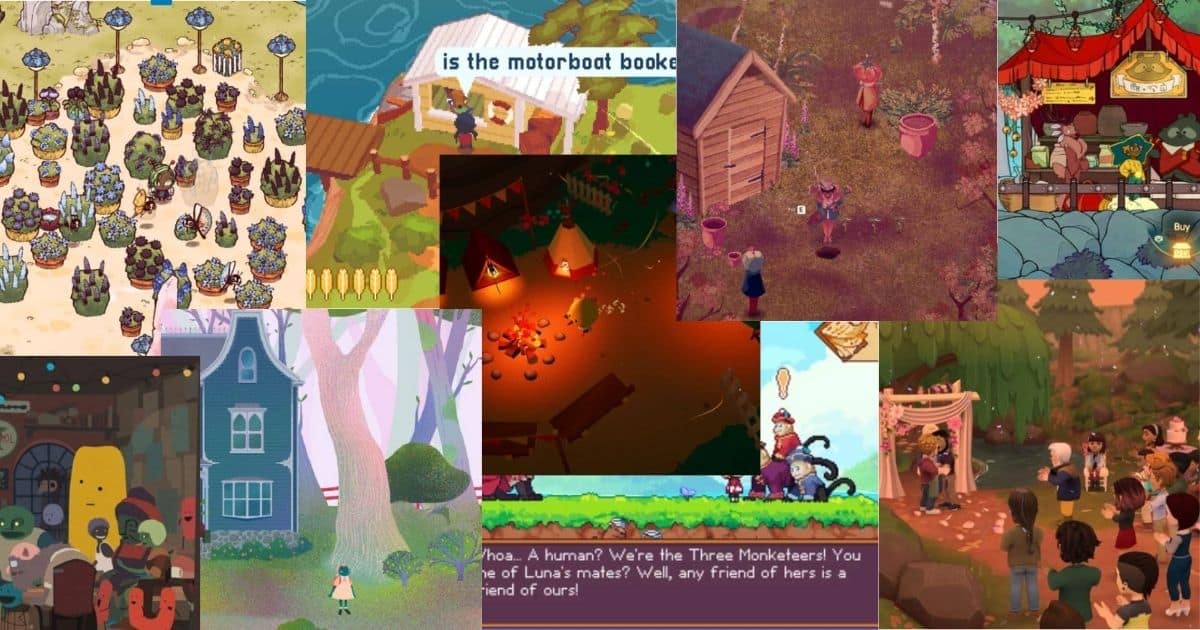 A collage of colorful indie video game scenes featuring market stalls, gardens, woodland areas, and various characters interacting in outdoor settings.