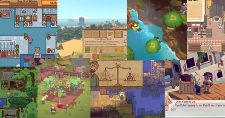 A collage of various video game screenshots featuring farming, trading, exploring, and interacting with characters in colorful, cartoon-like environments.