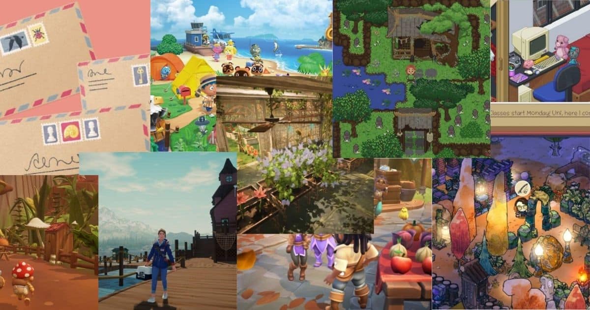 A collage of various cozy video game scenes, including letters, outdoor campsites, village markets, lush forests, and colorful indoor environments with animated characters.