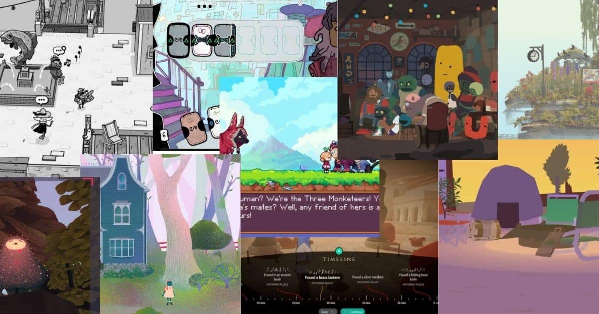 A collage of various video game scenes featuring colorful characters, different environments, and distinct art styles in both indoor and outdoor settings.