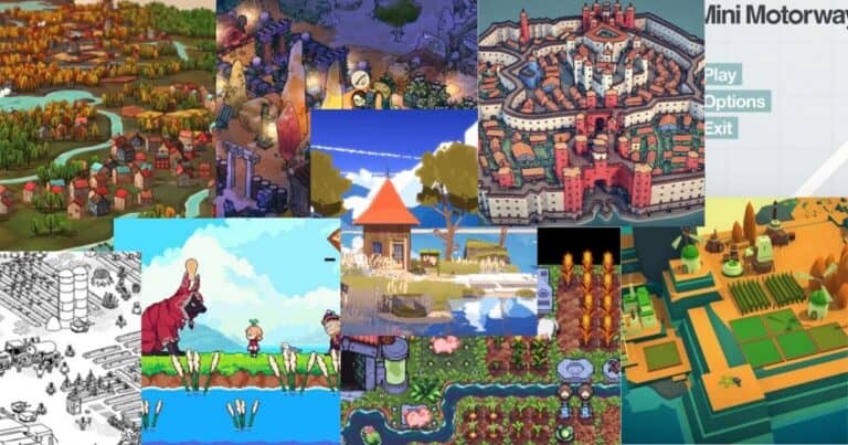 A collage of various colorful, stylized video game town and city scenes, featuring different art styles including pixel art, hand-drawn, and 3D graphics.