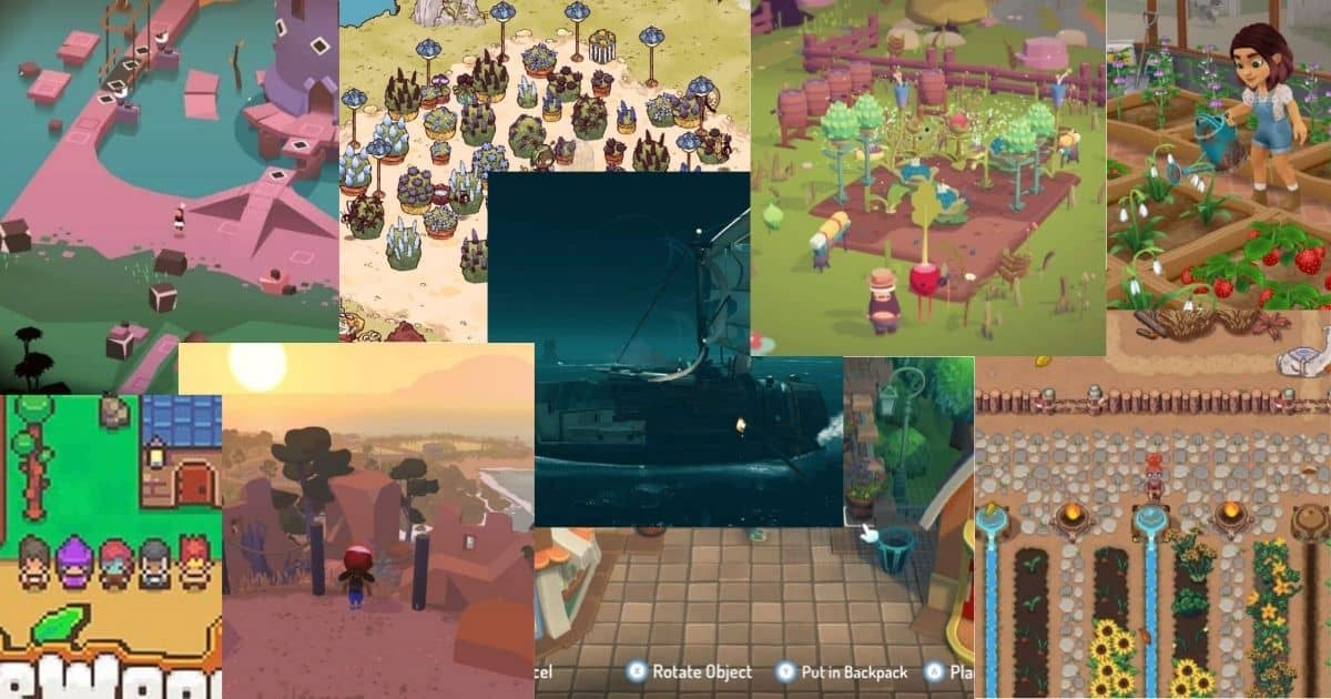 A collage of various farming and life simulation video game screenshots, featuring colorful landscapes, characters, crops, and a centrally placed dark ship scene.