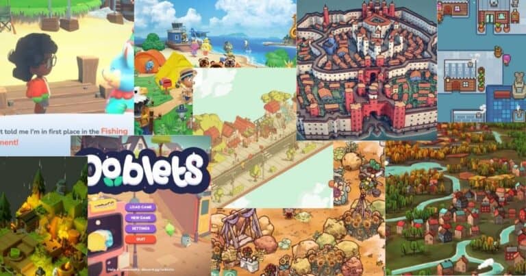 A collage of colorful, cartoon-style village and town scenes from various video games, featuring buildings, trees, and animated characters.