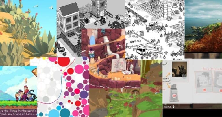 A collage of various video game scenes, including cartoon landscapes, city maps, abstract patterns, and interface screenshots, arranged in a grid layout.