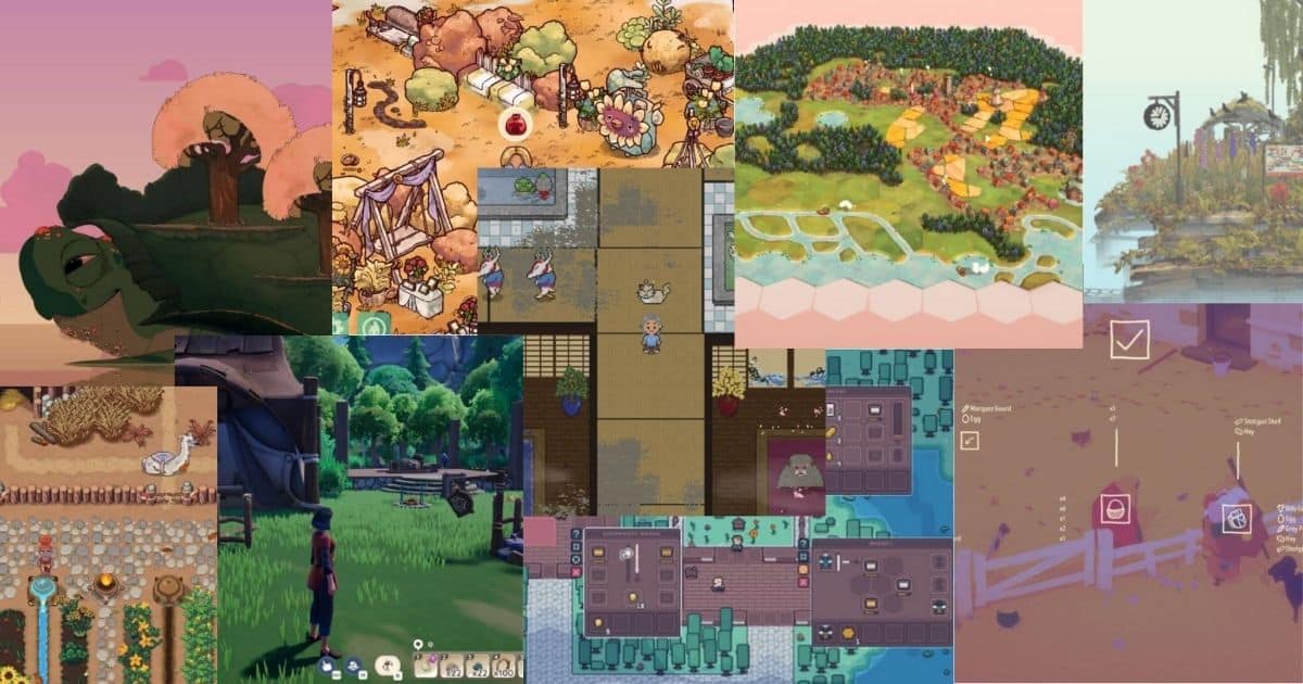 Collage of various video game screenshots featuring different art styles, landscapes, characters, and game interfaces, including forests, villages, and farming scenes.