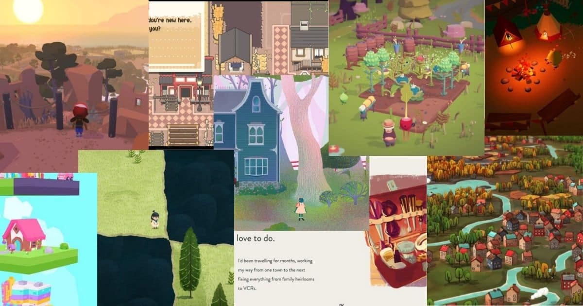 A collage of various cozy video game scenes, including characters exploring outdoors, gardening, cooking, reading, and vibrant town landscapes.