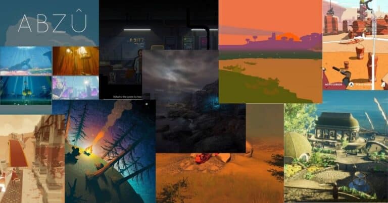A collage of video game scenes featuring various environments, including underwater, forests, deserts, buildings, and stylized landscapes from different games.