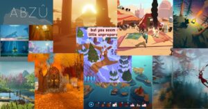A collage of various colorful, stylized video game scenes featuring nature, forests, lakes, villages, and characters in different environments.