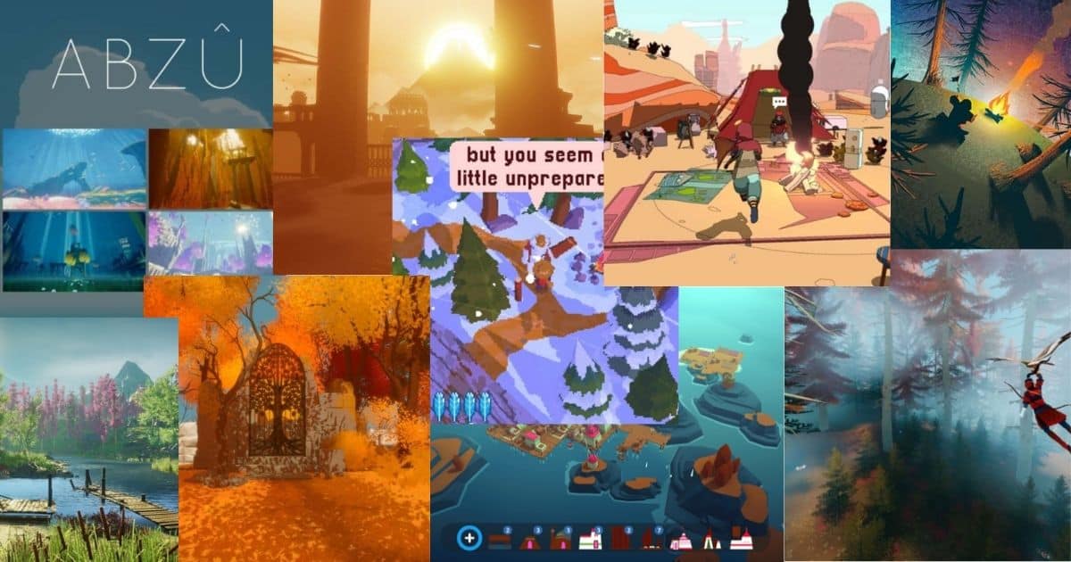 A collage of various colorful, stylized video game scenes featuring nature, forests, lakes, villages, and characters in different environments.