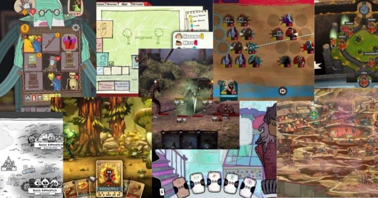 A collage of various digital card and board game interfaces, including maps, character cards, fantasy artwork, and in-game battle scenes.