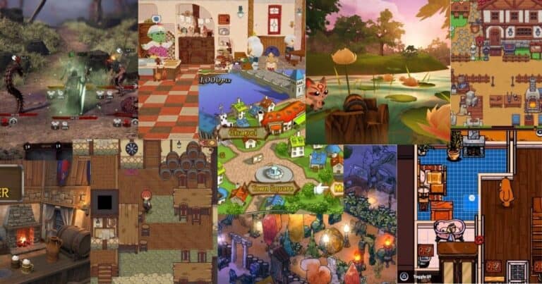 A collage of ten screenshots from various simulation and role-playing video games, showing characters, villages, fantasy landscapes, and indoor scenes.