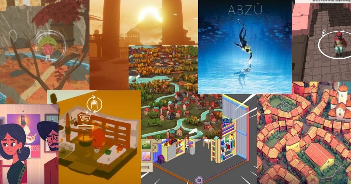 A collage of video game screenshots featuring colorful, stylized landscapes, characters, and scenes from various indie games.