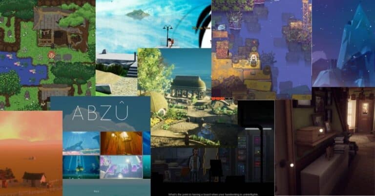 A collage of various video game scenes, featuring pixel art landscapes, underwater and mountain settings, a house interior, and adventure environments.