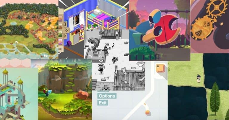 A collage of various video game scenes featuring colorful landscapes, indoor rooms, cartoonish characters, puzzles, and stylized environments.
