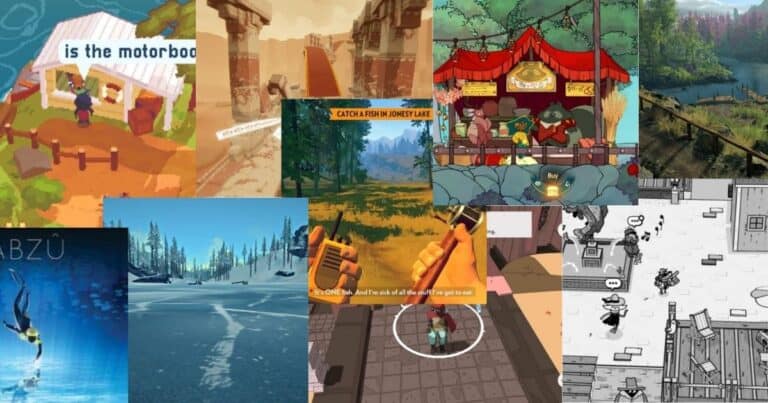 A collage of various nature-themed video game scenes, including forests, lakes, rivers, animals, and characters engaging in outdoor activities like fishing and boating.