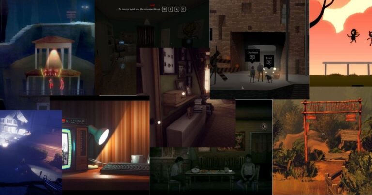 A collage of scenes from various video games, featuring different environments such as cityscapes, interiors, and landscapes with distinct lighting and atmospheres.