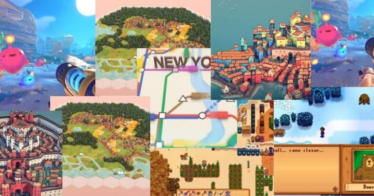 A collage of various colorful video game maps and scenes, including city layouts, farms, and pixelated landscapes from different games.