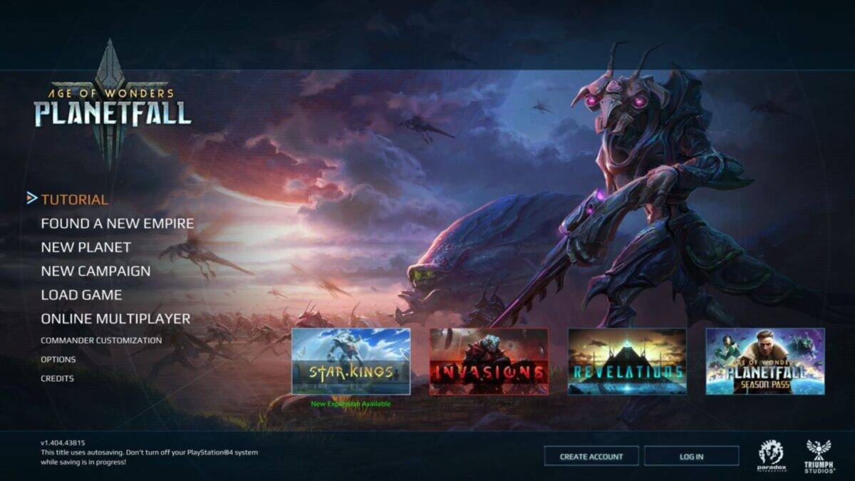 The main menu of the game "Age of Wonders: Planetfall" displays several options on the left and features a large insect-like armored character holding a weapon.